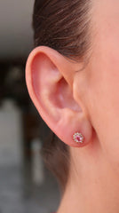 Pink Sapphire Diamond Halo Gold Earrings 14k