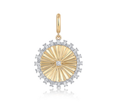 Flutted Round Gold Charm with Diamond Baguettes 14k
