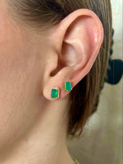Emerald-Cut Emerald with Diamond Halo 14k Studs