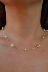 Pearl & Gold Balls Skinny Gold Necklace