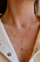 Cross Beaded Lariat Gold Necklace