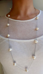 Multi Pearl Long Silver Necklace