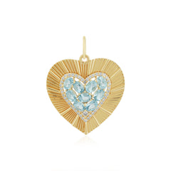 Heart Aquamarine and Diamond Flutted Charm 14k