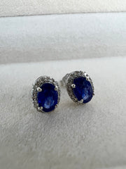 Oval Diamond Sapphire Stud 14k